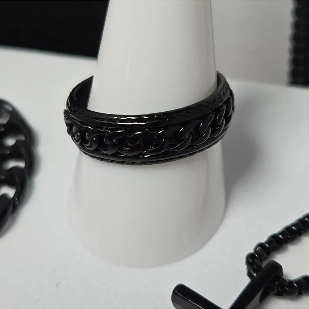 Men’s Black Cross Necklace Bracelet Ring 3pc Set Minimalist Faith Grad Gift NWT